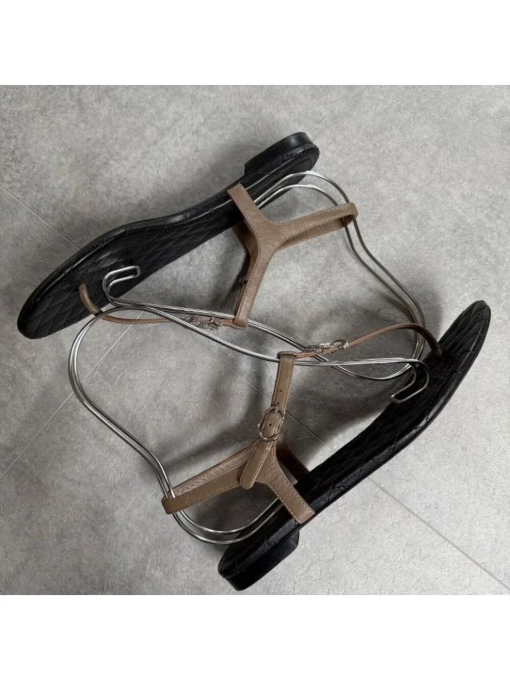 Chanel Thong Sandals Quilted Coco Mark Flat Shoes Black Beige Silver - Picture 4 of 10